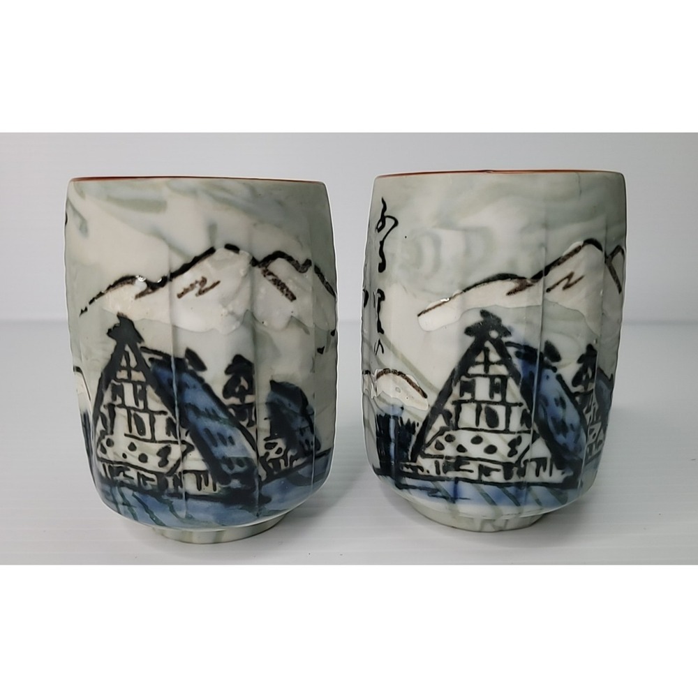 2 Kyoto Kiyomizu Kinkaku Ware Yunomi Tea Cups Japanese Hand Painted Landscape